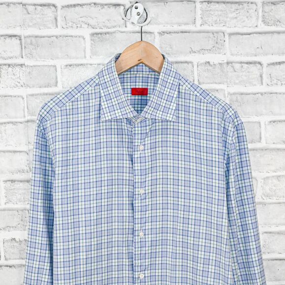 ISAIA Napoli Men's Button up Dress Shirt in Blue gren check cotton size 16 1/2 - Picture 6 of 8